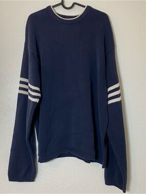 American Eagle Outfitters Navy Crewneck Sweater with White Sleeve Stripes